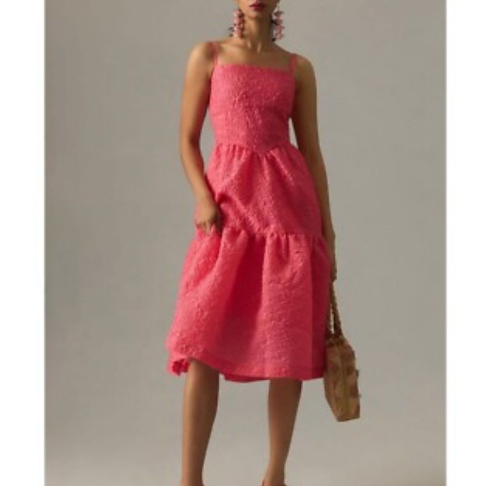 Anthropologie Hutch Coral Pink Textured tiered Strap Dress 8 - Picture 4 of 10